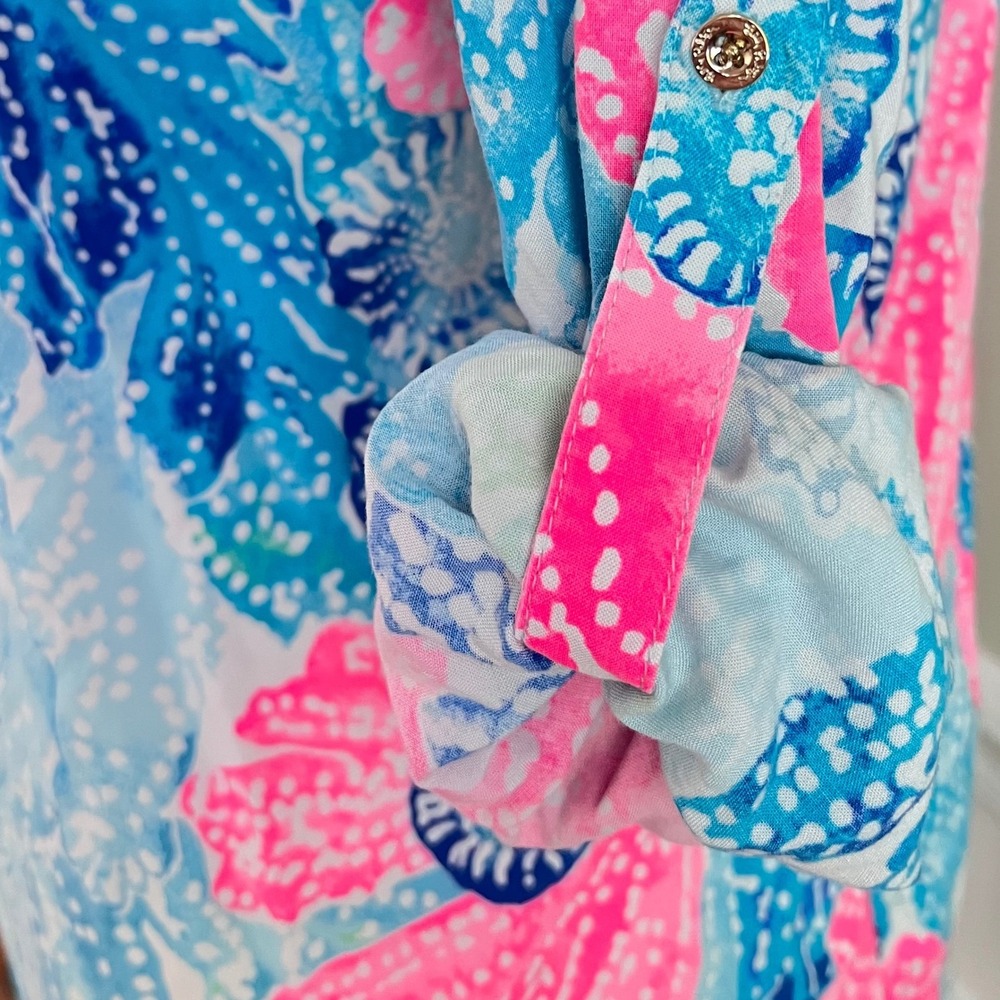 Lilly Pulitzer Dress Medium Blue Pink Coral Button Down Tunic Coastal Old Money - Picture 12 of 14